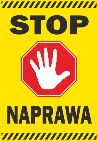 Stop sticker, repair - Graphic design. Red octagon with a white hand on a yellow background, black text.