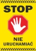 Stop sticker, do not operate - Graphic design. Red octagon with a white hand on a yellow background. Black text below.