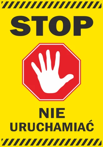 Stop sticker, do not operate - Graphic design. Red octagon with a white hand on a yellow background. Black text below.