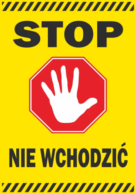 Stop sticker, do not enter - Graphic design. Yellow background, red octagon with a white hand and black text.