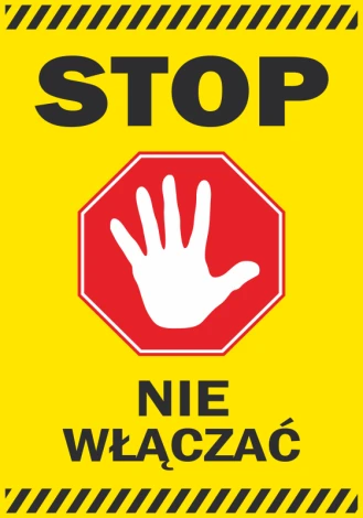 Stop sticker, do not turn on - Graphic design. Features a red octagonal shape with a white hand on a yellow background.