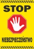 Stop sticker, danger - Graphic design. Red octagon with a white hand on a yellow background. Black text at the bottom.