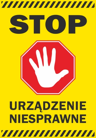 Stop sticker, device malfunction - Graphic design. Yellow background, red octagon with white hand and black text.