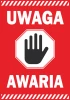 Warning sticker - Graphic design. Red background with white text and a black hand symbol.
