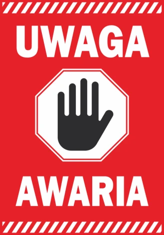 Warning sticker - Graphic design. Red background with white text and a black hand symbol.