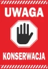 Warning sticker, maintenance - Graphic design. Red background with white text and a black hand symbol.