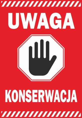 Warning sticker, maintenance - Graphic design. Red background with white text and a black hand symbol.