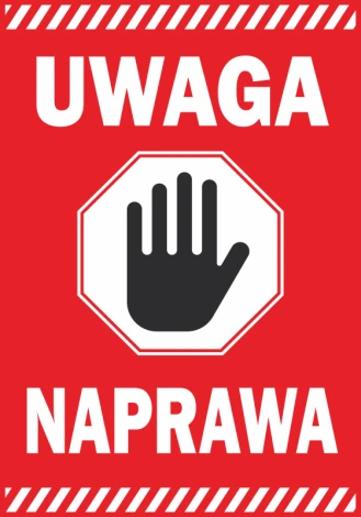 Warning sticker, repair - Graphic design. Red background with white text and a black hand symbol.