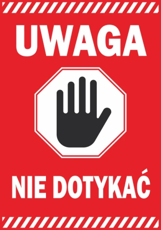 Warning sticker, do not touch - Graphic design. Red background with white text and hand symbol.