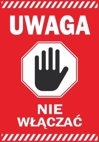 Warning sticker - Graphic design. Red background with white text and a black hand in a stop shape.