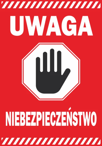 Warning sticker - Graphic design. Red background with white text and a black hand symbol.