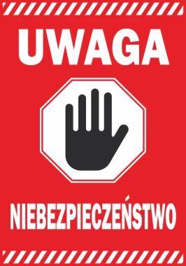 Warning sticker - Graphic design. Red background with white text and a black hand symbol.