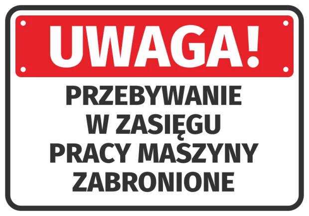 Warning sticker: No entry within machine operation range - Graphic design. Red background with white text, rectangular shape.