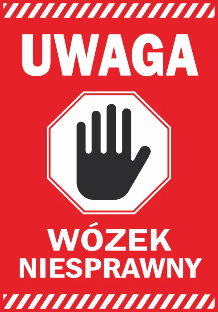 Warning sticker: malfunctioning cart - graphic design. Red background with white text and a black hand in an octagon.