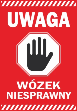 Warning sticker: malfunctioning cart - graphic design. Red background with white text and a black hand in an octagon.