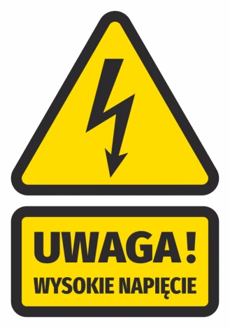 Warning sticker, high voltage - Graphic design. Triangle with lightning on yellow background, rectangle with text below.