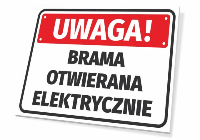 Electric opening sign - Graphic design. Rectangular sign with a red background and white letters.