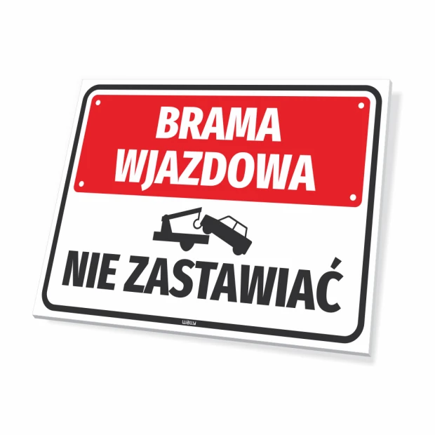 Entrance gate sign, do not block - Graphic design. Rectangular sign with a red background and white text.