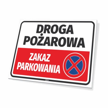 Fire lane sign, no parking - Graphic design. Red rectangle with white text and prohibition symbol.