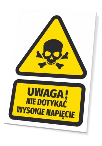 Warning sign: High voltage - Graphic design. Yellow triangle with skull and crossbones, black text on a rectangle.