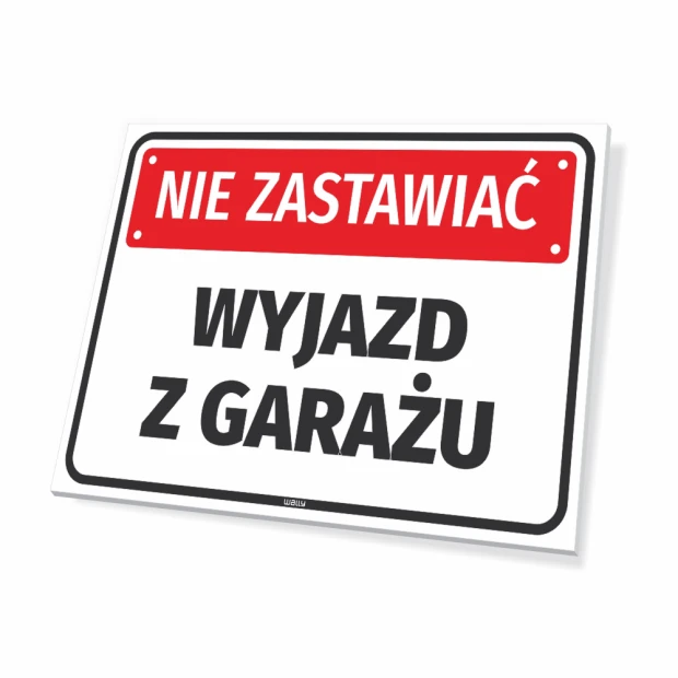 No Parking, Garage Exit - Graphic Design. Simple rectangular shape with a red background and large black text.