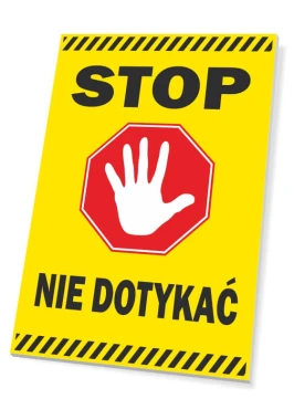 Stop sign, do not touch - Graphic design. Yellow background, red octagon with a white hand and black text.