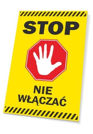 Stop sign, do not turn on - Graphic design. Red octagon with a white hand on a yellow background. Black text at the bottom.