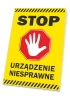 Stop sign, device malfunction - Graphic design. Yellow background, red octagon with white hand and black text.