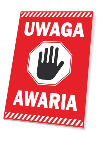 Warning, malfunction sign - Graphic design. Red background with white text and a black hand in a stop shape.