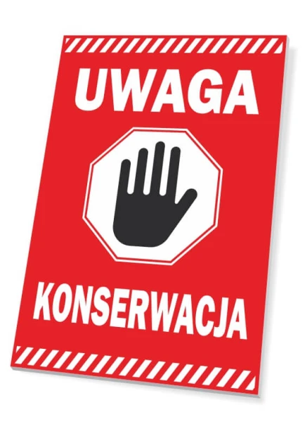 Caution sign for maintenance - graphic design. Red background, white text, black hand icon in an octagon.