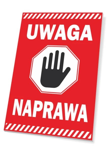 Caution Repair Sign - Graphic design with red background, white text, and a black hand in a stop shape.