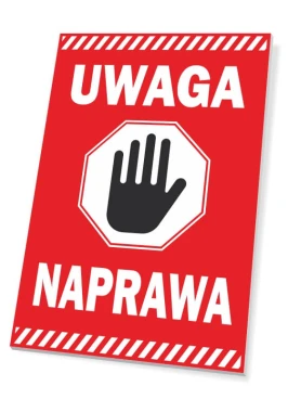 Caution Repair Sign - Graphic design with red background, white text, and a black hand in a stop shape.
