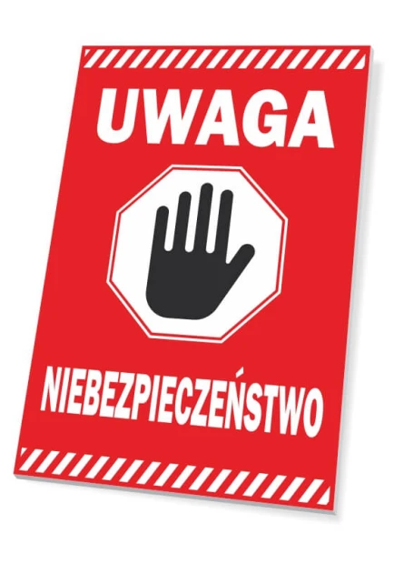 Warning sign - Graphic design. Red background with white text and a black hand symbol.