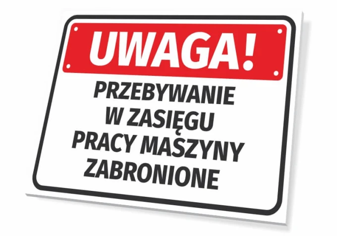 Warning sign: No entry within machine operation area - Graphic design. Red background with white text and black details.