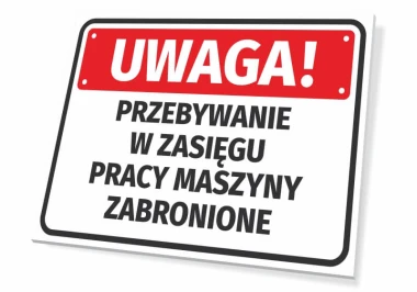 Warning sign: No entry within machine operation area - Graphic design. Red background with white text and black details.