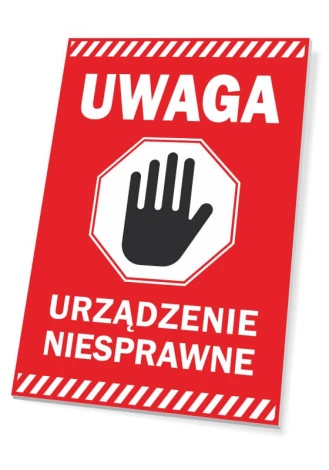 Warning sign, device malfunction - Graphic design. Red background with white text and black hand icon.