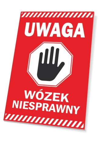 Warning sign: Cart out of order - Graphic design. Red background, white text, black hand icon in an octagon.