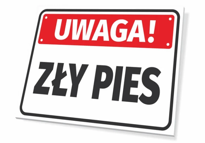 Warning sign, aggressive dog - Graphic design. Rectangular sign with a red background and white text.
