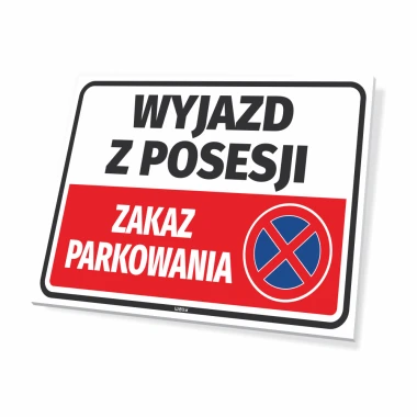 Exit from property sign, no parking - Graphic design. Rectangular sign with a white background and red stripe.