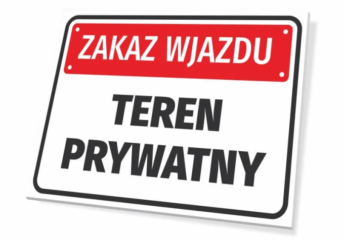 No entry sign, private property - Graphic design. Rectangular sign with a red background and white text.