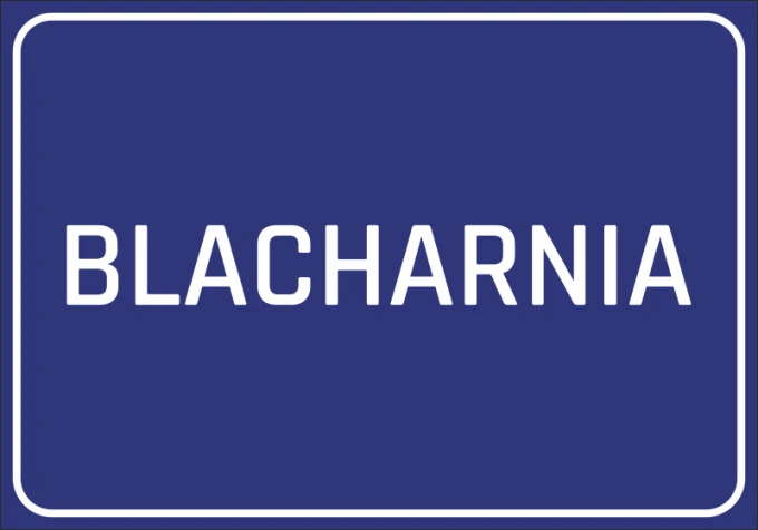 Metalworking sticker - Simple rectangular design with a large white "BLACHARNIA" text on a blue background.