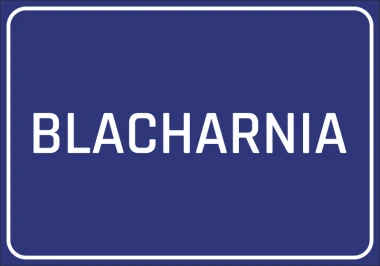 Metalworking sticker - Simple rectangular design with a large white "BLACHARNIA" text on a blue background.