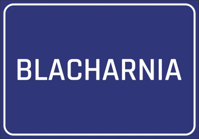 Metalworking sticker - Simple rectangular design with a large white "BLACHARNIA" text on a blue background.