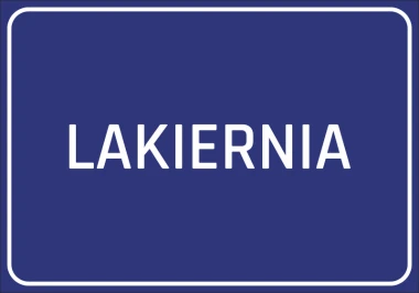 Sticker for a paint shop - Simple rectangular design with white text on a blue background.