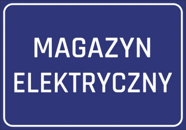 Electric warehouse sticker - Simple rectangular shape with white text on a blue background.