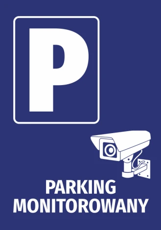 Surveillance Parking Sticker - Graphic design with a large P on a blue background, next to a security camera.
