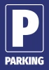 Parking Sticker - Graphic design. Large white letter P and the word PARKING on a blue background.