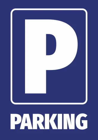 Parking Sticker - Graphic design. Large white letter P and the word PARKING on a blue background.