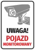 Monitored Vehicle Sticker - Gray camera on a white background with red text.