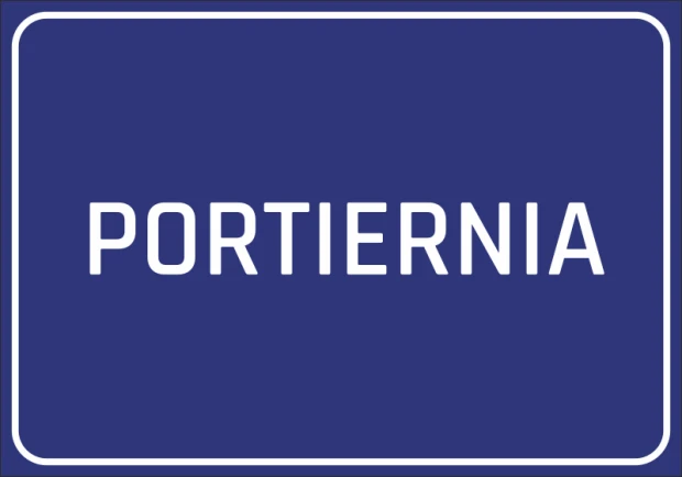 Reception sticker - Graphic design. Simple rectangle with a navy background and white text PORTIERNIA.